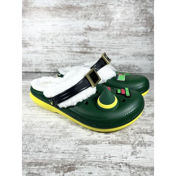 NEW Womens Buddy The Elf × Crocs Fleece Lined Green Christmas Clogs Sz 7 - Picture 1 of 9